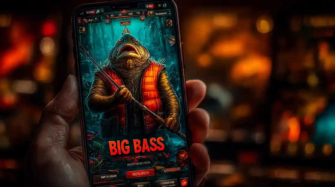 A close-up of a hand holding a smartphone showcasing a BIG BASS fishing game, featuring an anthropomorphic fish character, highlighting the engaging casual games on joy777.