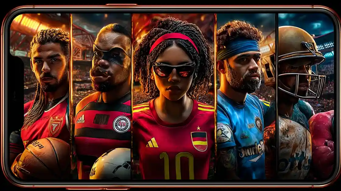 A smartphone screen displays a powerful collage of diverse male and female athletes from various sports, including football and soccer, representing the comprehensive sports betting options at joy777.