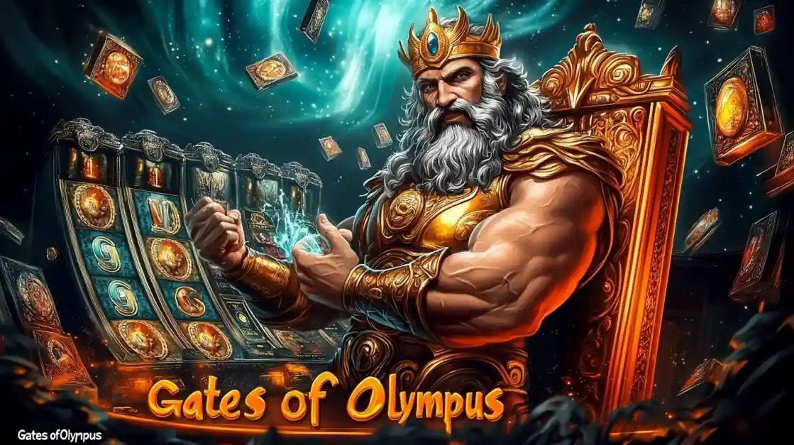 A majestic Zeus figure on a golden throne, surrounded by floating cards and a joy777 slot machine, with Gates of Olympus prominently displayed, inviting players to a mythical gaming experience.