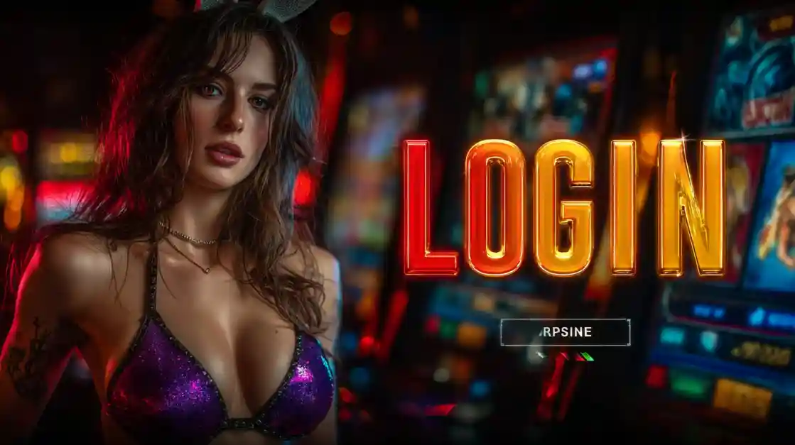 A captivating woman in a shimmering top stands beside a prominent LOGIN interface, with joy777 slot machines softly blurred in the background, inviting users to enter the world of joy777.