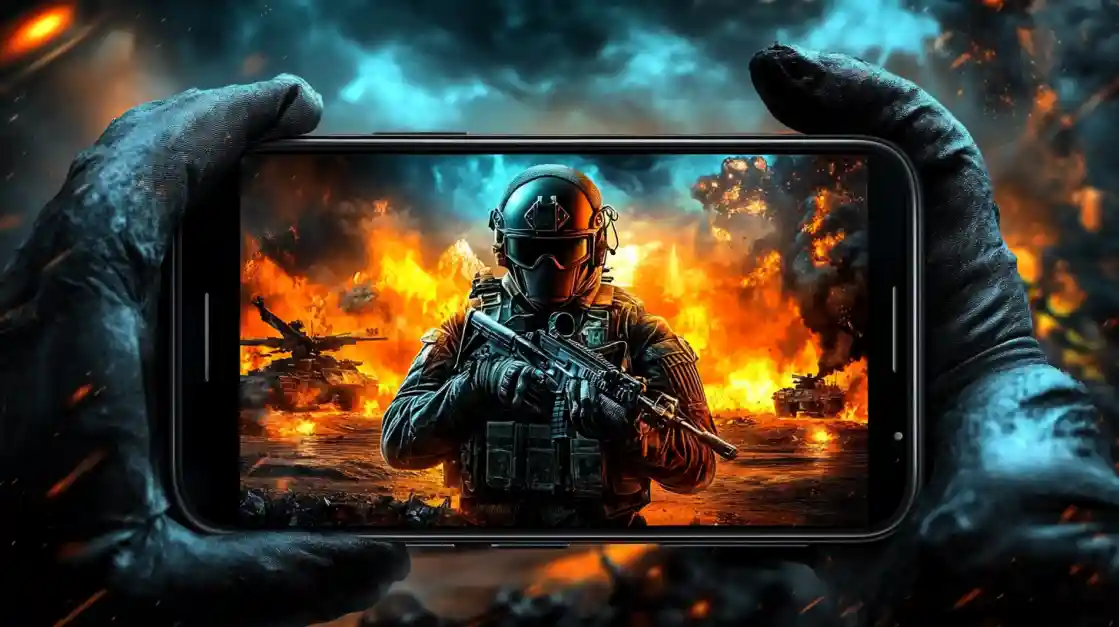 Hands holding a smartphone displaying an intense military shooter game with a soldier amidst explosions and tanks, showcasing the immersive action available on joy777.