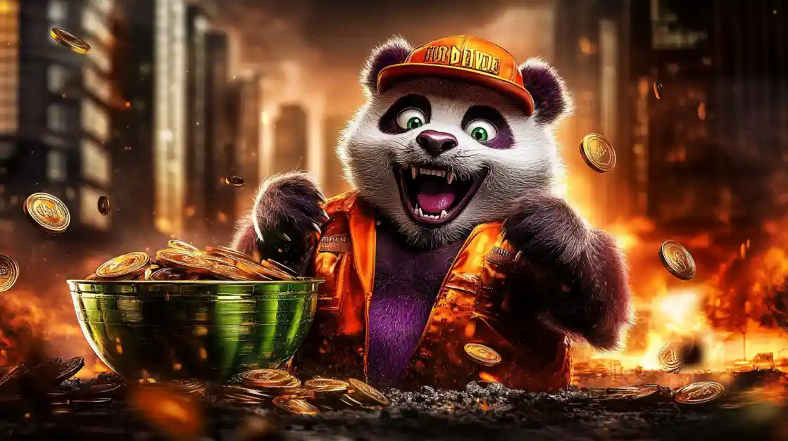 A cheerful panda character wearing an orange cap and jacket, surrounded by golden coins and a bowl of money, symbolizing wealth and good fortune with joy777.
