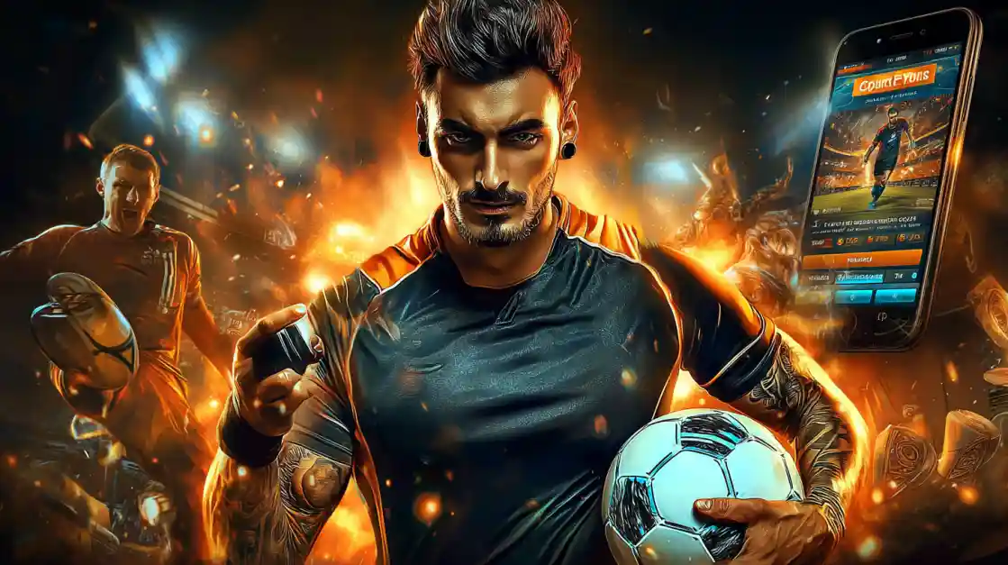 An intense male soccer player with tattoos holds a football, looking confidently at the camera with a joy777 sports betting app on a phone beside him, all set against a fiery action background.