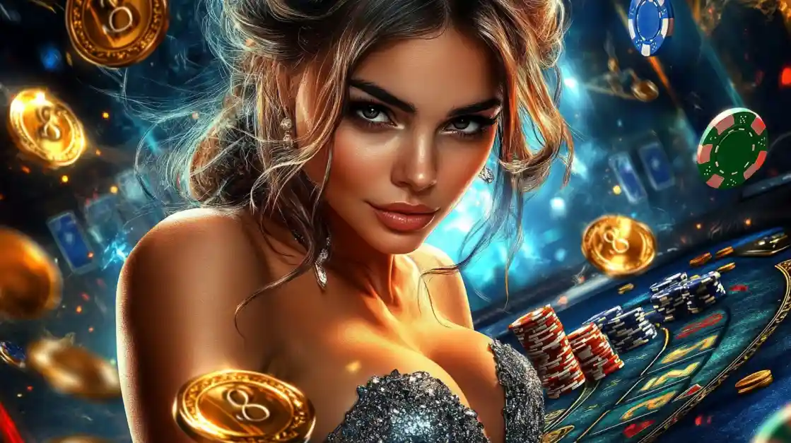 A beautiful woman in a glittering dress gives a captivating look while at a joy777 casino table, surrounded by floating gold coins, casino chips, and a roulette wheel.