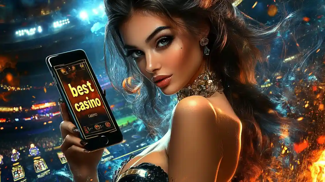An alluring woman holds a smartphone with the best casino app from joy777 glowing on the screen, set against the backdrop of a brightly lit stadium and ambient flames.