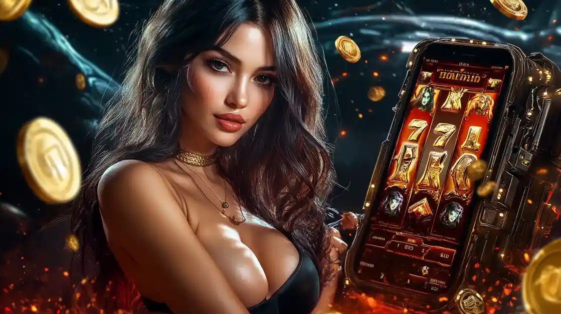 A beautiful woman in a black top looks confidently at the viewer while holding a smartphone displaying a joy777 mobile slot game with 777 symbols and golden coins.