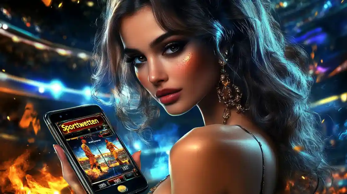 A glamorous woman with elegant makeup looks over her shoulder, holding a smartphone displaying the joy777 sports betting app against a vibrant stadium backdrop with fire effects.